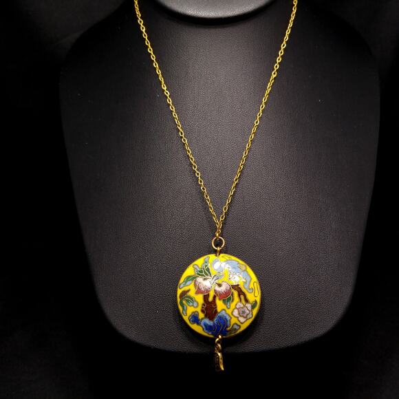 Vintage 1960s Cloisonné Yellow Enamel Puffy Pendant Necklace Floral Double Sided - Picture 2 of 10